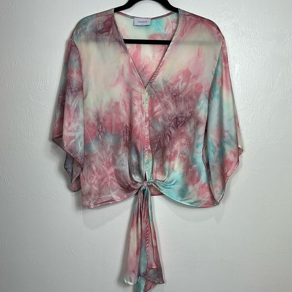 Adrienne Tie Front Watercolor Tie Dye Boho V-neck Blouse Top Size L